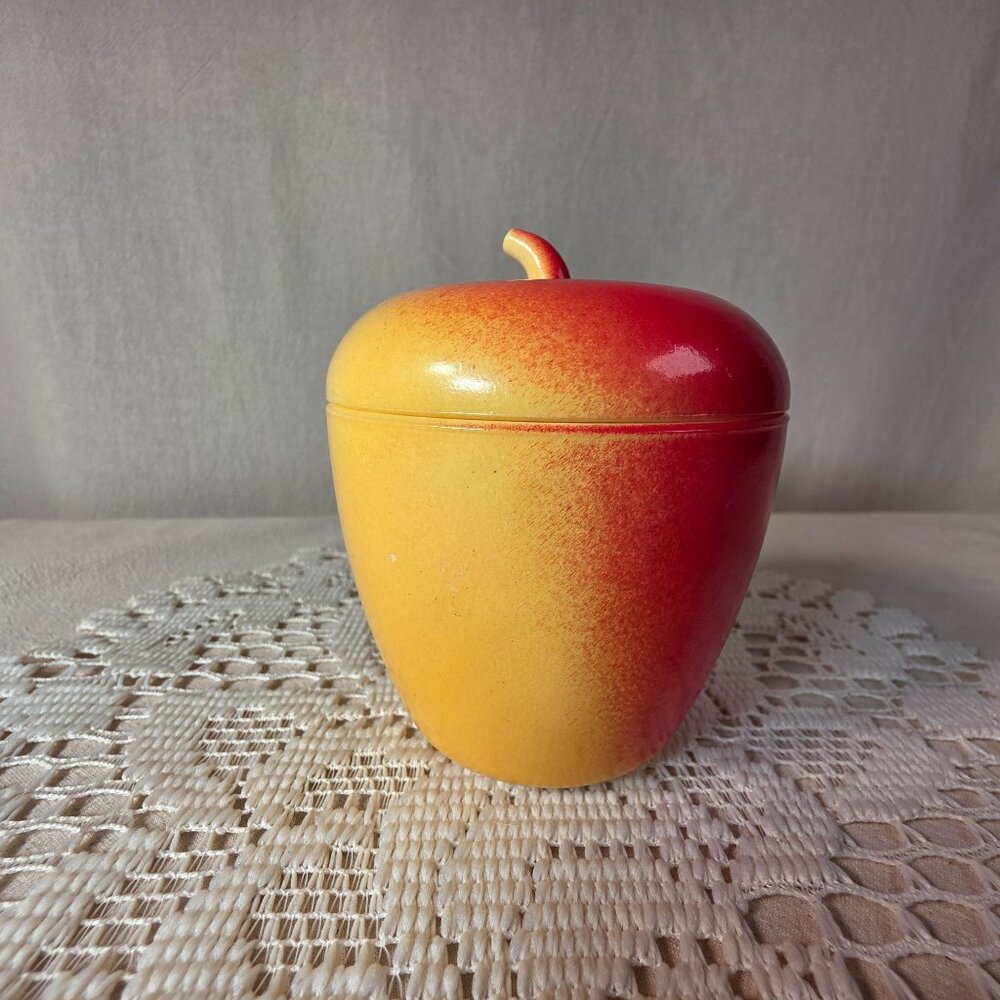 Hazel Atlas Milk Glass Apple Jam Jar 4" Red & Yellow Vintage Kitchen Decor - Picture 3 of 9